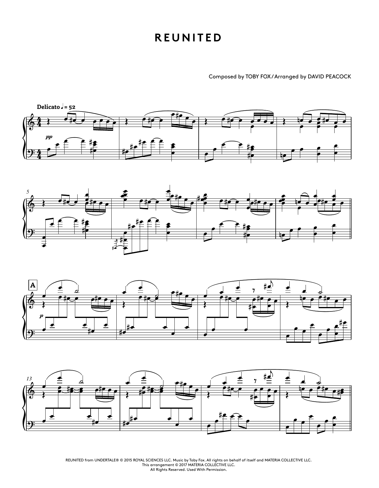 Download Toby Fox Reunited (from Undertale Piano Collections) (arr. David Peacock) Sheet Music and learn how to play Piano Solo PDF digital score in minutes