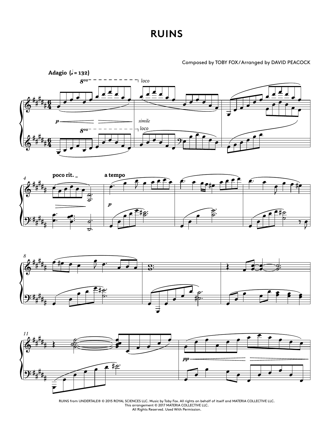 Download Toby Fox Ruins (from Undertale Piano Collections 2) (arr. David Peacock) Sheet Music and learn how to play Piano Solo PDF digital score in minutes