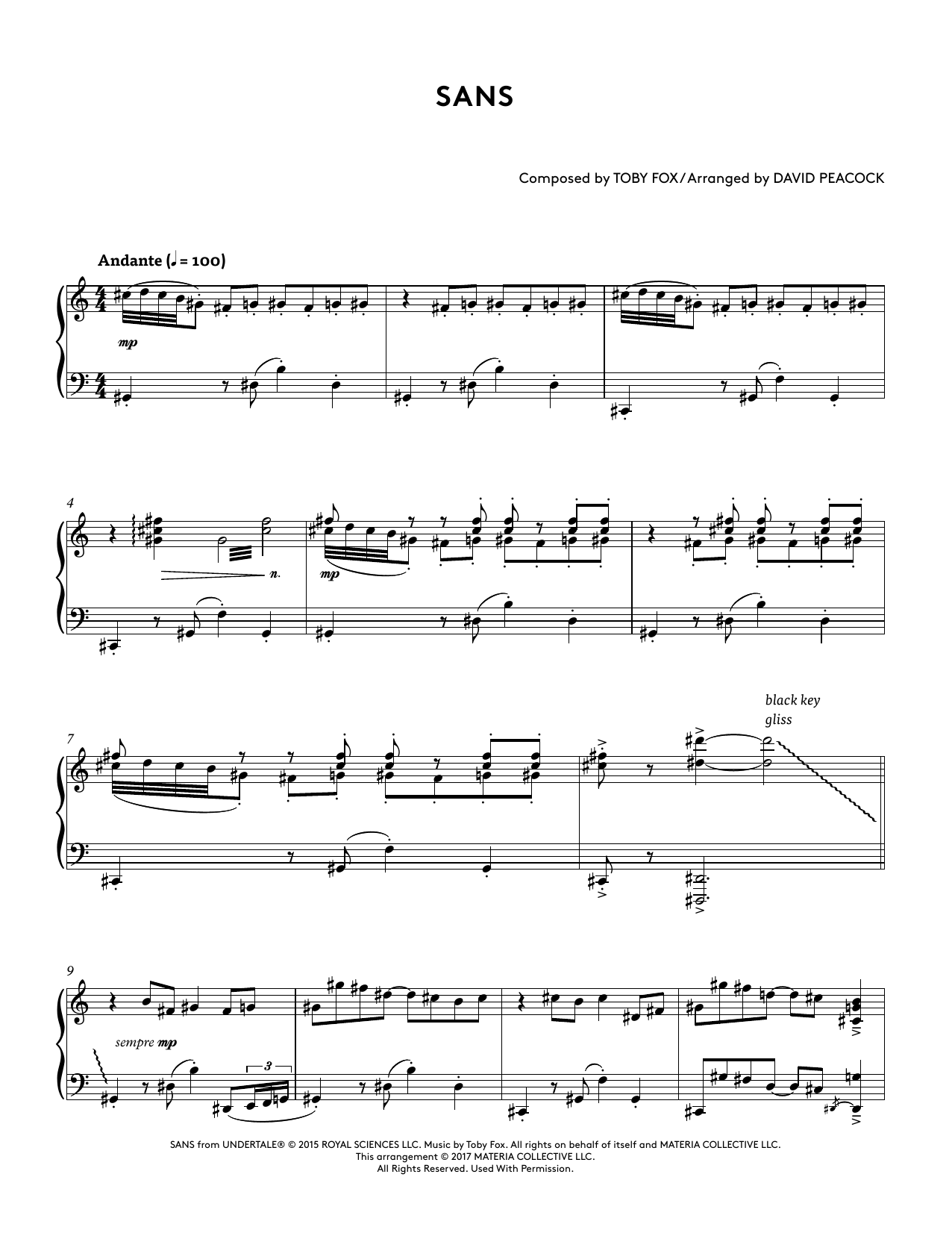 Download Toby Fox Sans (from Undertale Piano Collections 2) (arr. David Peacock) Sheet Music and learn how to play Piano Solo PDF digital score in minutes