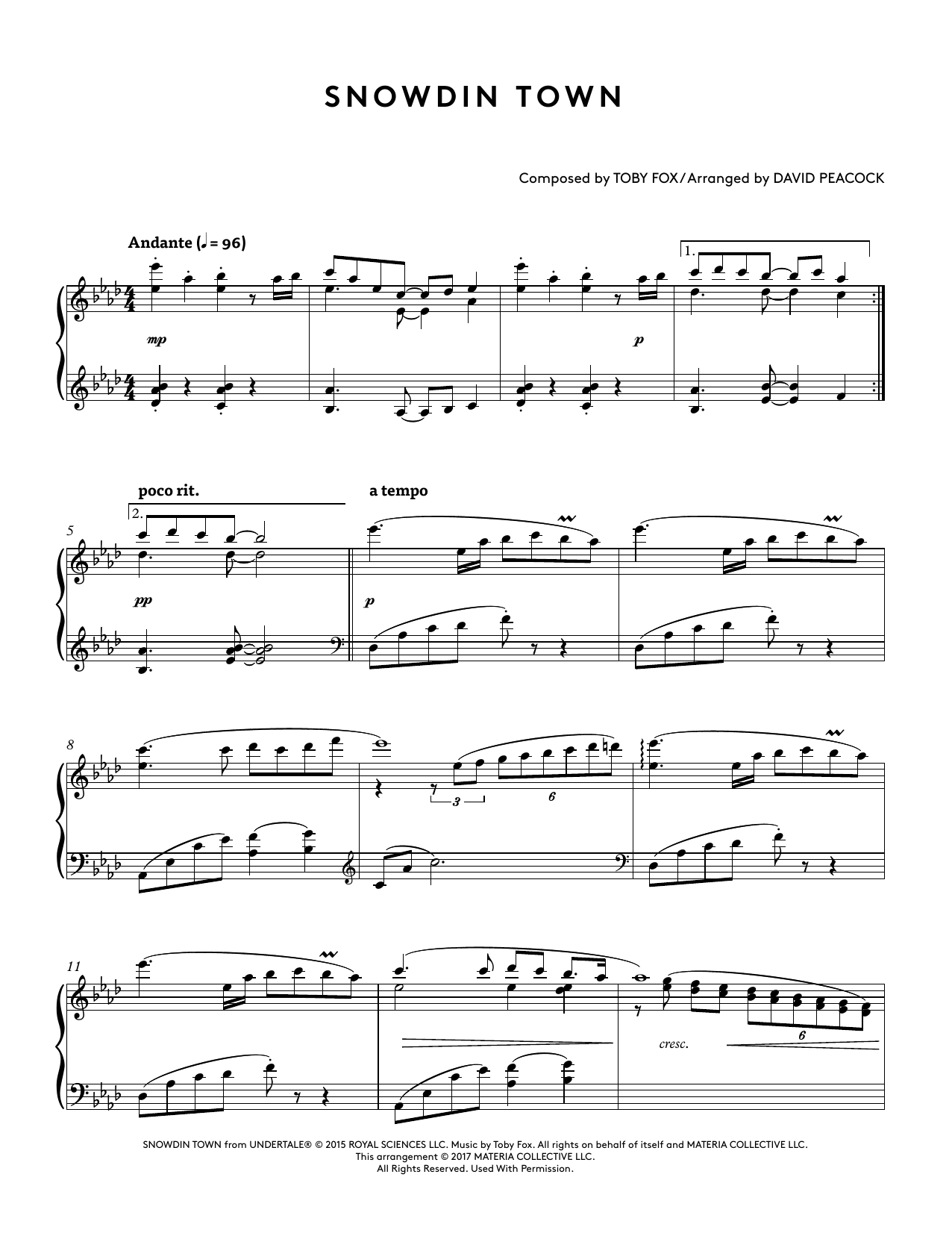Download Toby Fox Snowdin Town (from Undertale Piano Collections 2) (arr. David Peacock) Sheet Music and learn how to play Piano Solo PDF digital score in minutes