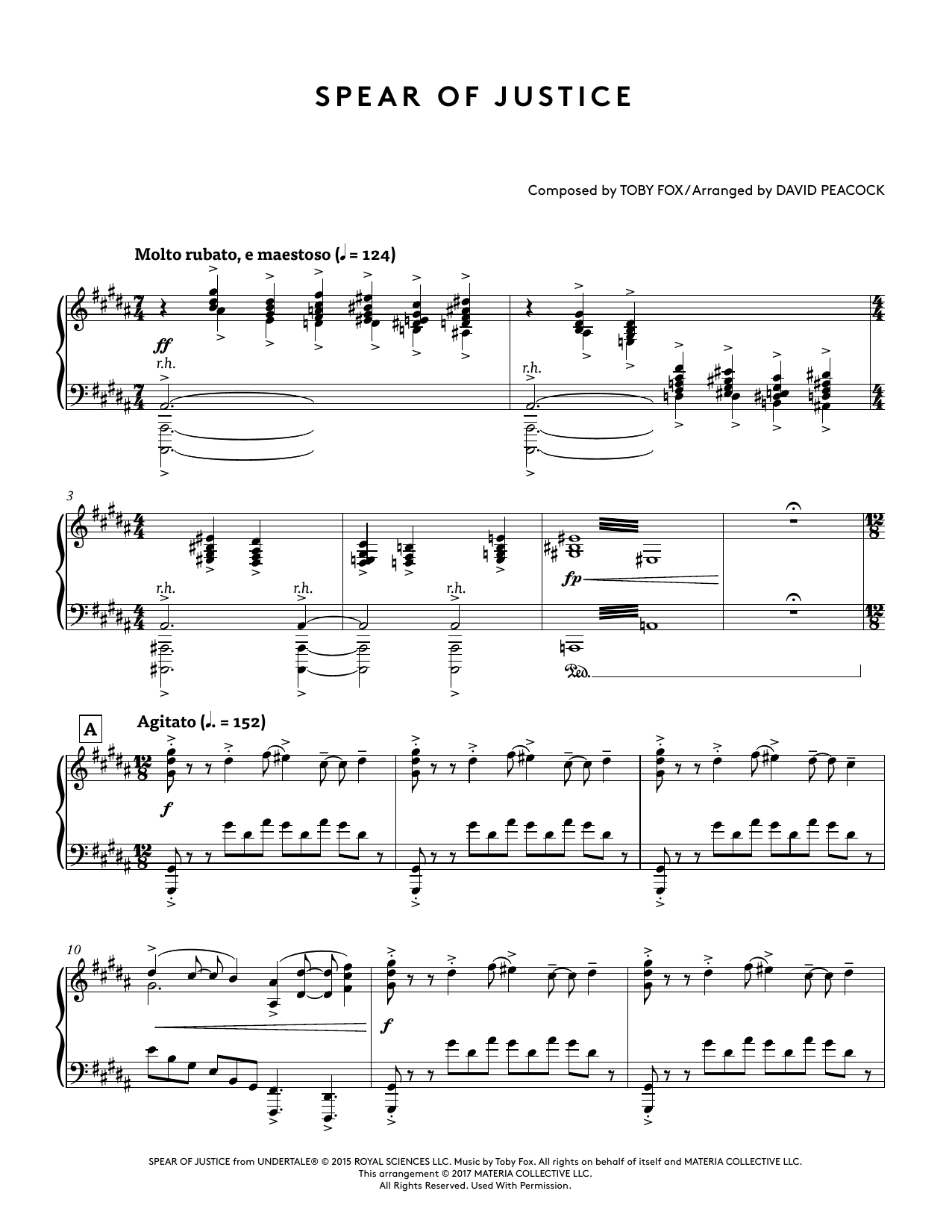 Download Toby Fox Spear of Justice (from Undertale Piano Collections) (arr. David Peacock) Sheet Music and learn how to play Piano Solo PDF digital score in minutes