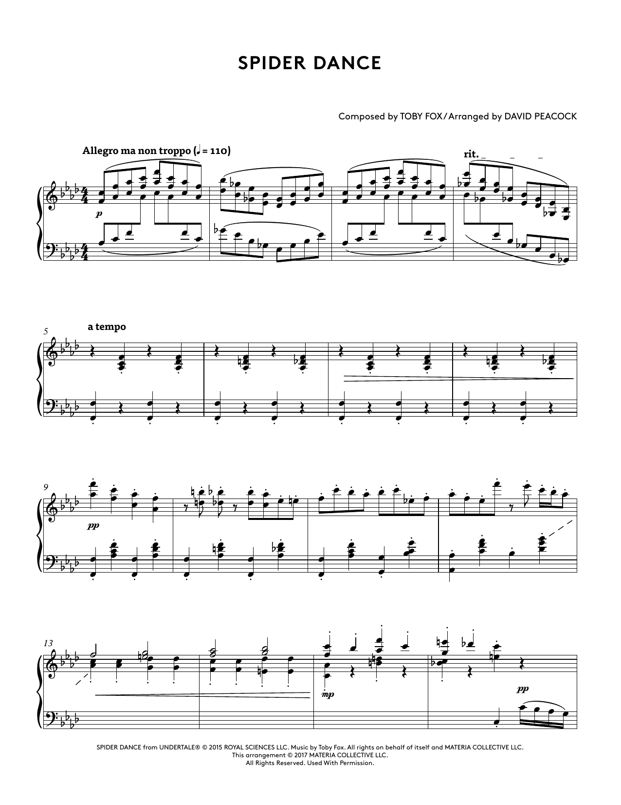 Download Toby Fox Spider Dance (from Undertale Piano Collections 2) (arr. David Peacock) Sheet Music and learn how to play Piano Solo PDF digital score in minutes