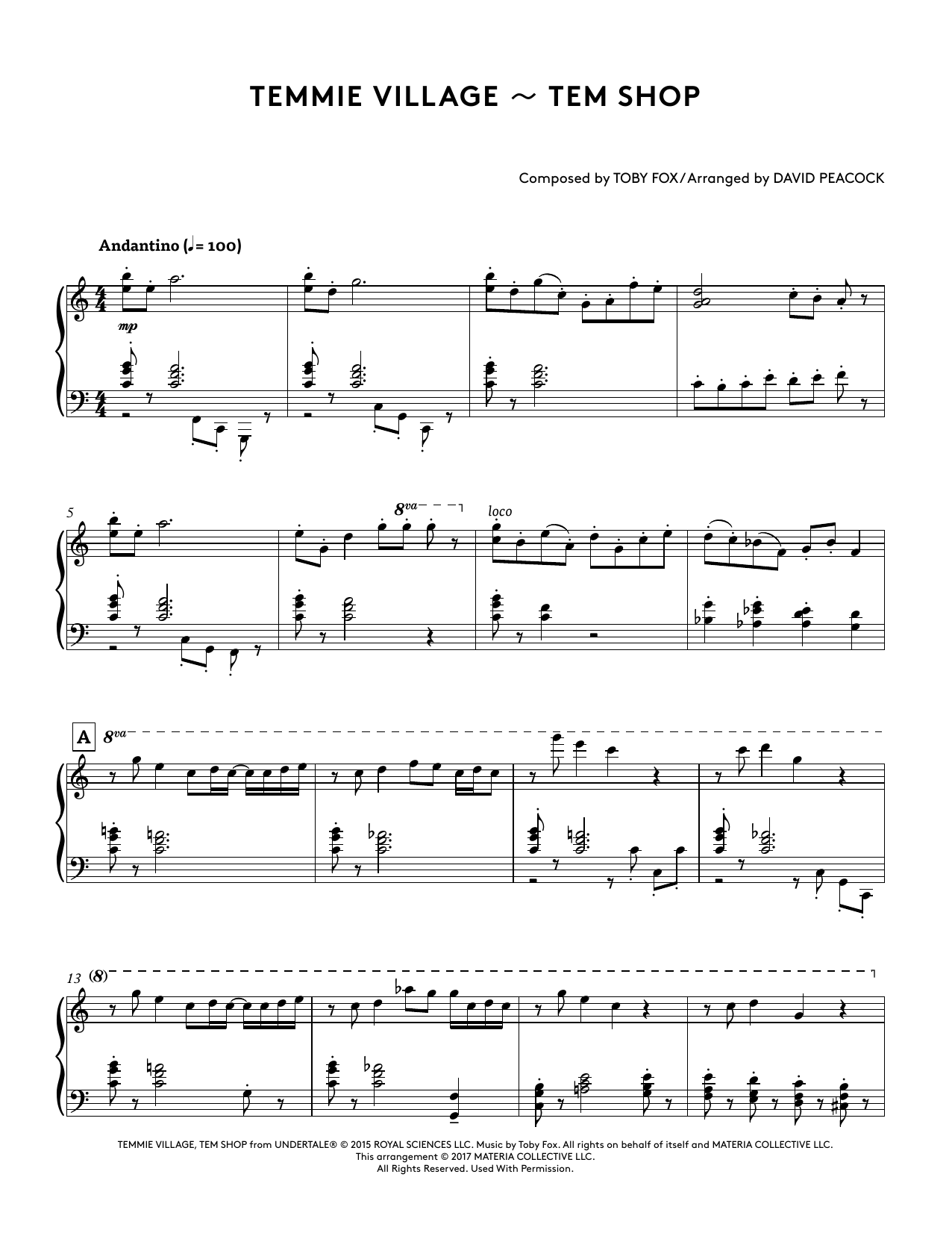 Download Toby Fox Temmie Village - Tem Shop (from Undertale Piano Collections 2) (arr. David Peaco Sheet Music and learn how to play Piano Solo PDF digital score in minutes