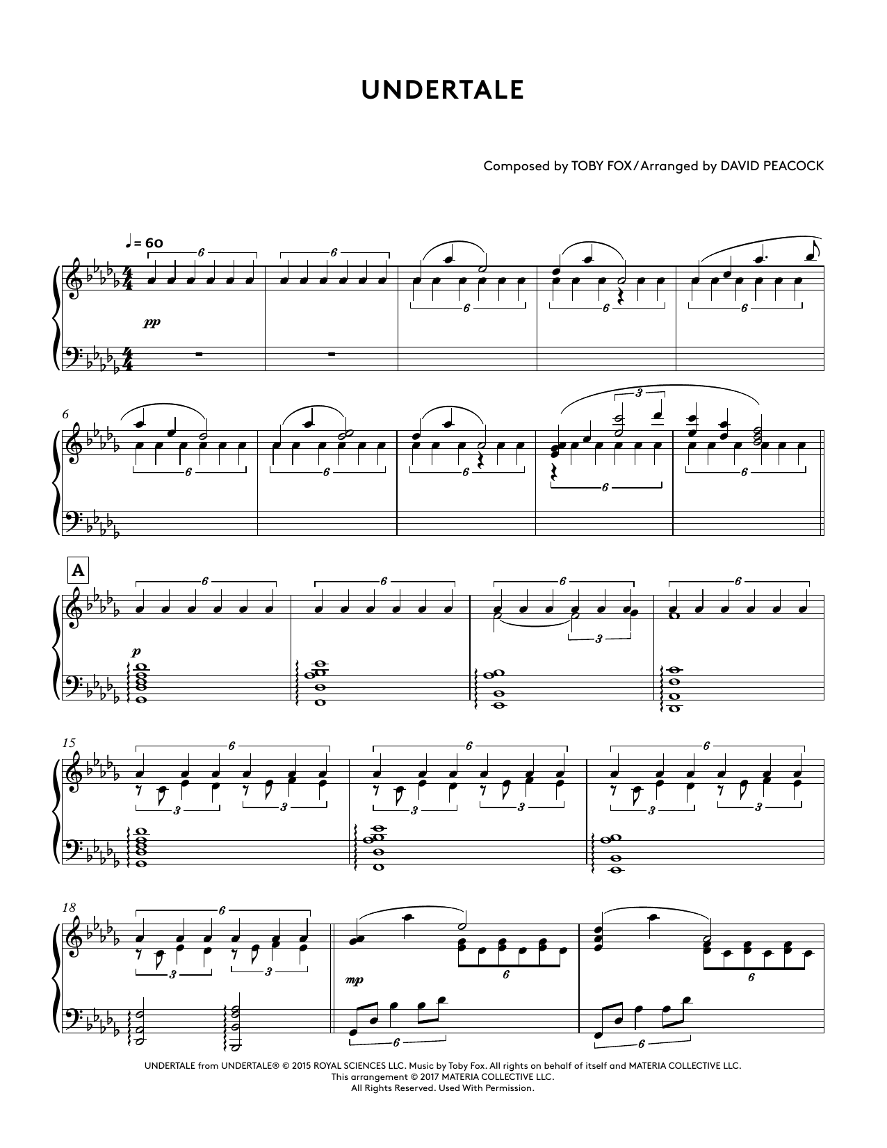 Download Toby Fox Undertale (from Undertale Piano Collections 2) (arr. David Peacock) Sheet Music and learn how to play Piano Solo PDF digital score in minutes