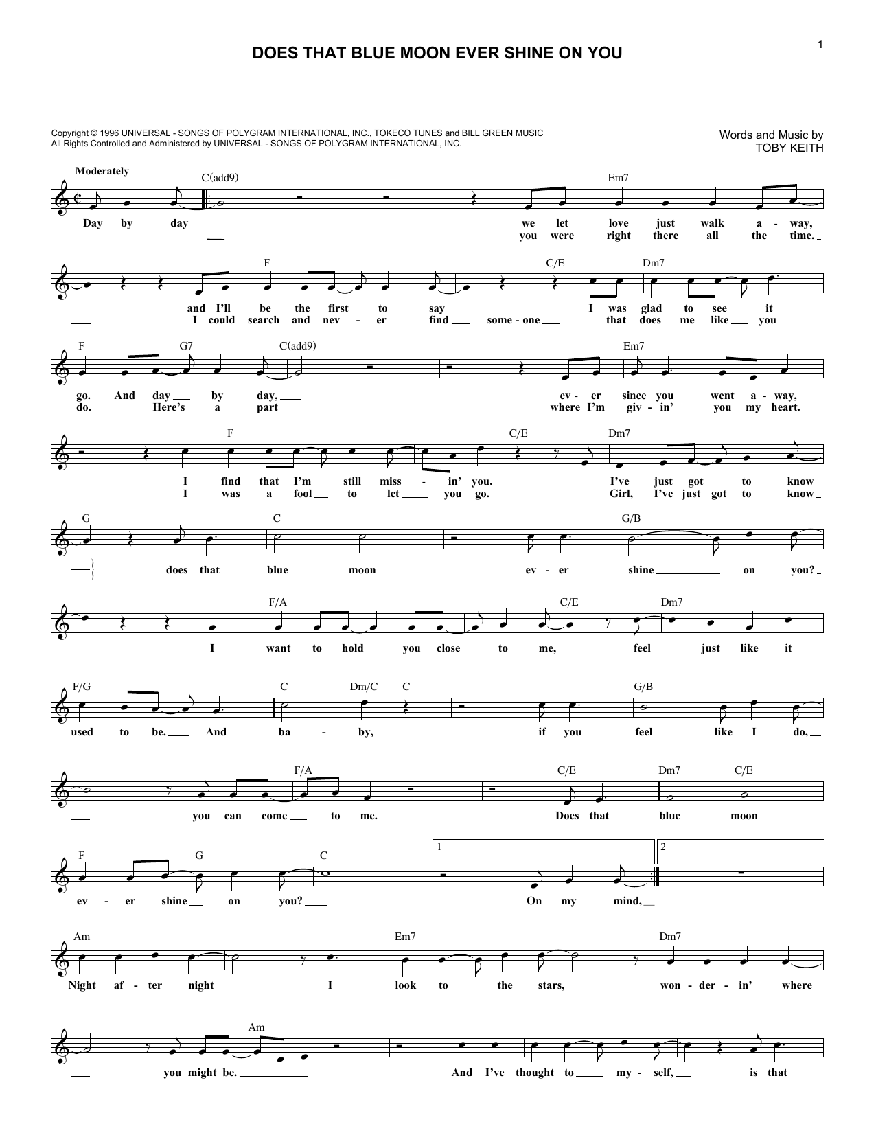 Download Toby Keith Does That Blue Moon Ever Shine On You Sheet Music and learn how to play Melody Line, Lyrics & Chords PDF digital score in minutes