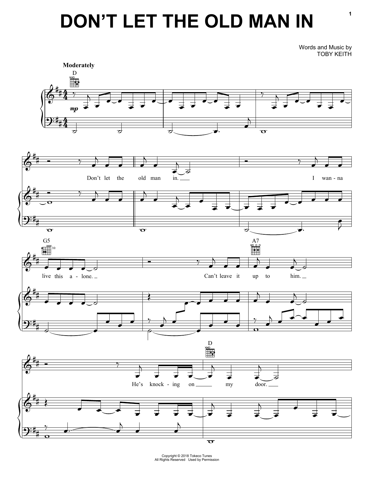 Download Toby Keith Don't Let The Old Man In Sheet Music and learn how to play Piano, Vocal & Guitar Chords (Right-Hand Melody) PDF digital score in minutes