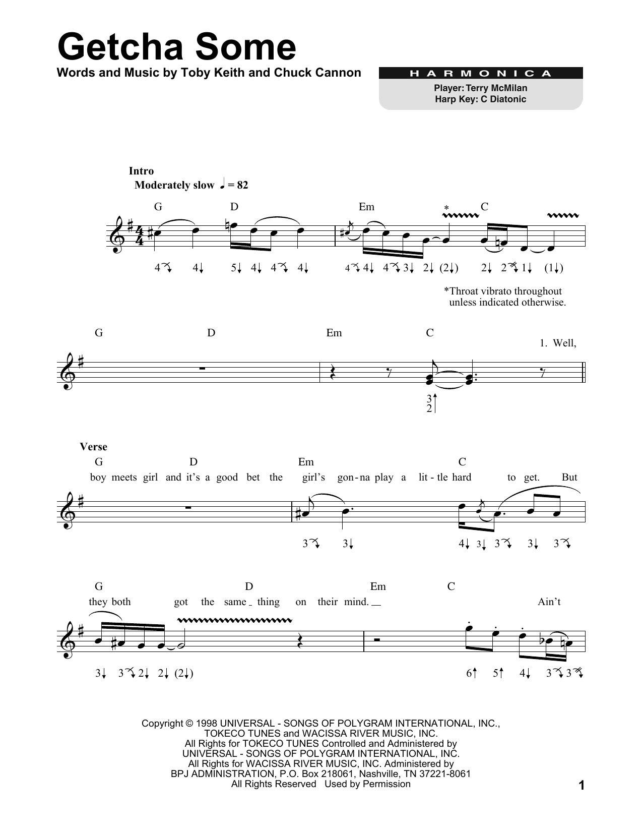 Download Toby Keith Getcha Some Sheet Music and learn how to play Harmonica PDF digital score in minutes