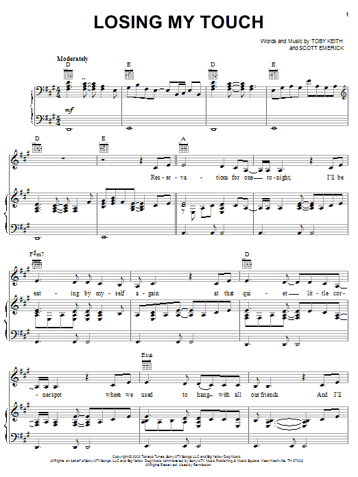 Download Toby Keith Losing My Touch Sheet Music and learn how to play Piano, Vocal & Guitar (Right-Hand Melody) PDF digital score in minutes