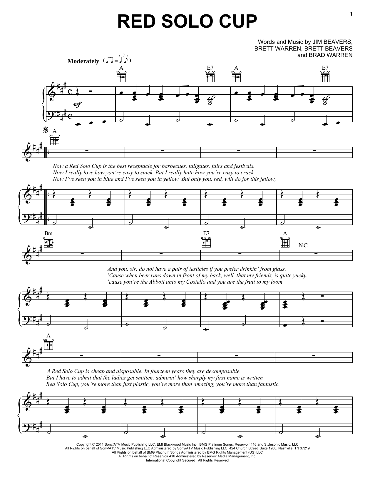 Download Toby Keith Red Solo Cup Sheet Music and learn how to play Piano, Vocal & Guitar (Right-Hand Melody) PDF digital score in minutes
