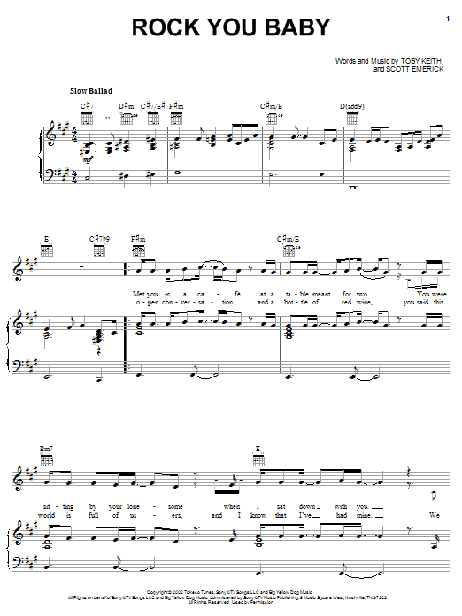 Download Toby Keith Rock You Baby Sheet Music and learn how to play Piano, Vocal & Guitar (Right-Hand Melody) PDF digital score in minutes