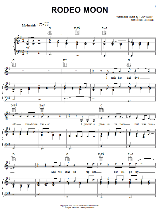 Download Toby Keith Rodeo Moon Sheet Music and learn how to play Piano, Vocal & Guitar (Right-Hand Melody) PDF digital score in minutes