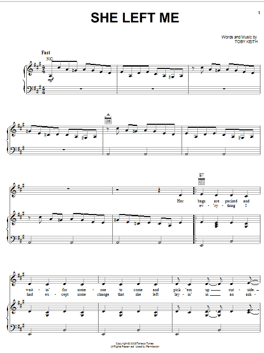 Download Toby Keith She Left Me Sheet Music and learn how to play Piano, Vocal & Guitar (Right-Hand Melody) PDF digital score in minutes