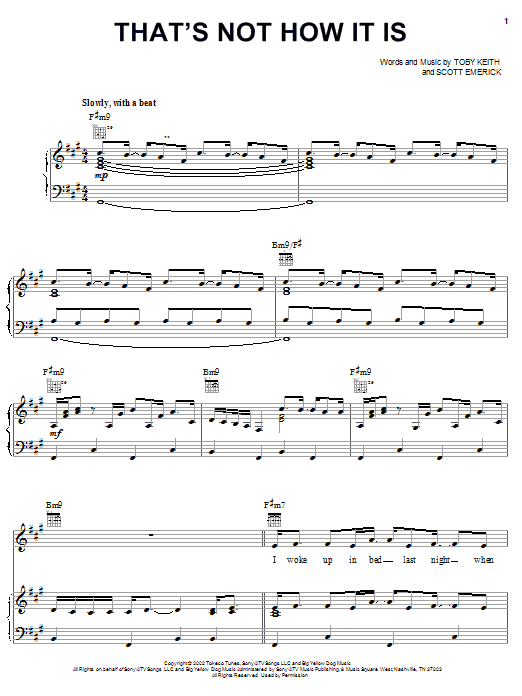 Download Toby Keith That's Not How It Is Sheet Music and learn how to play Piano, Vocal & Guitar (Right-Hand Melody) PDF digital score in minutes