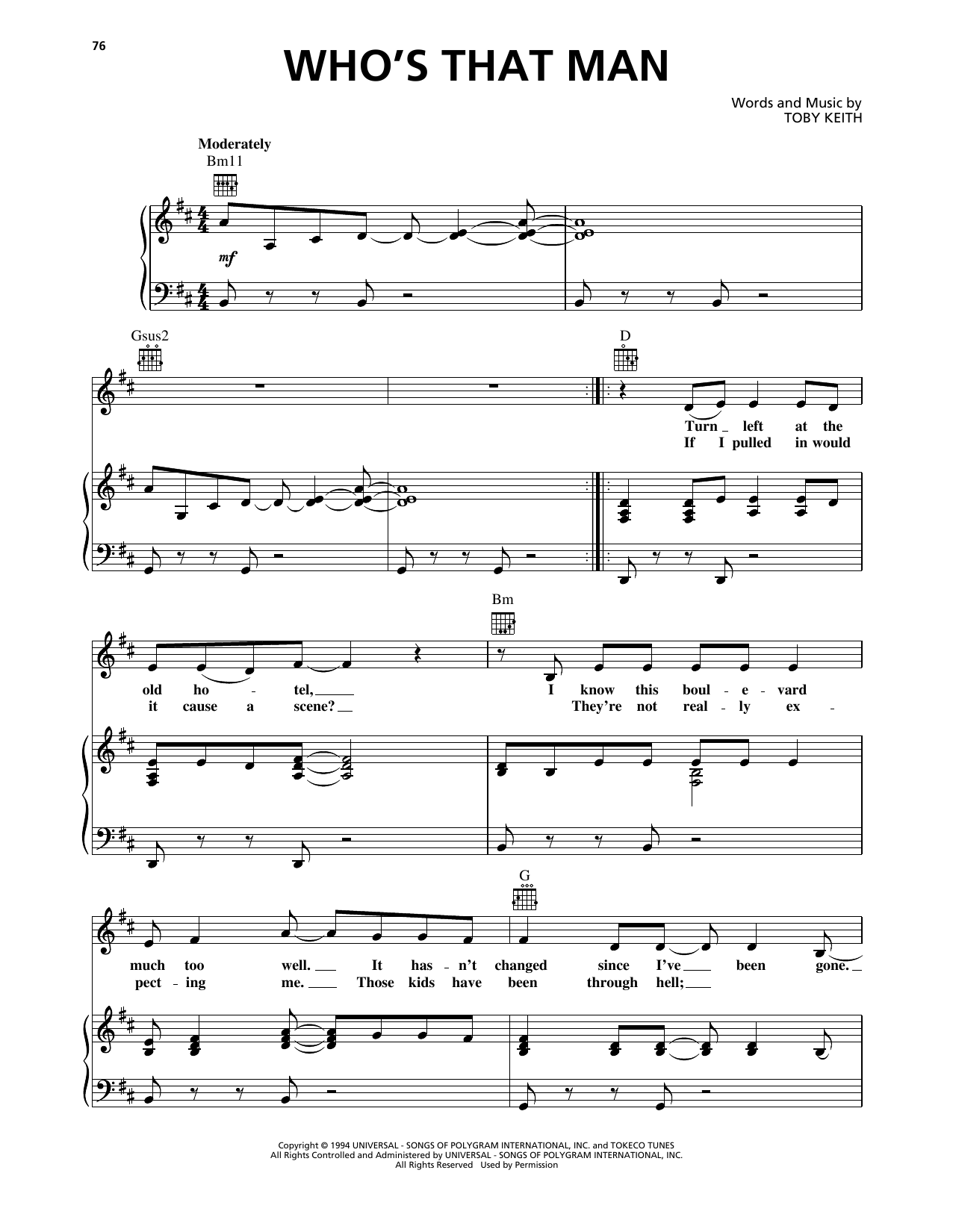 Download Toby Keith Who's That Man Sheet Music and learn how to play Piano, Vocal & Guitar Chords (Right-Hand Melody) PDF digital score in minutes