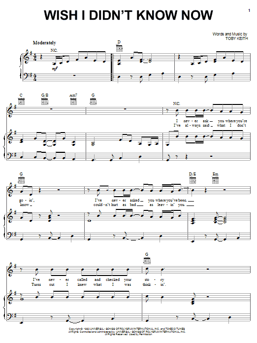 Download Toby Keith Wish I Didn't Know Now Sheet Music and learn how to play Piano, Vocal & Guitar (Right-Hand Melody) PDF digital score in minutes