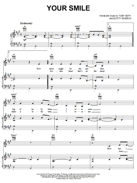 Download Toby Keith Your Smile Sheet Music and learn how to play Piano, Vocal & Guitar (Right-Hand Melody) PDF digital score in minutes