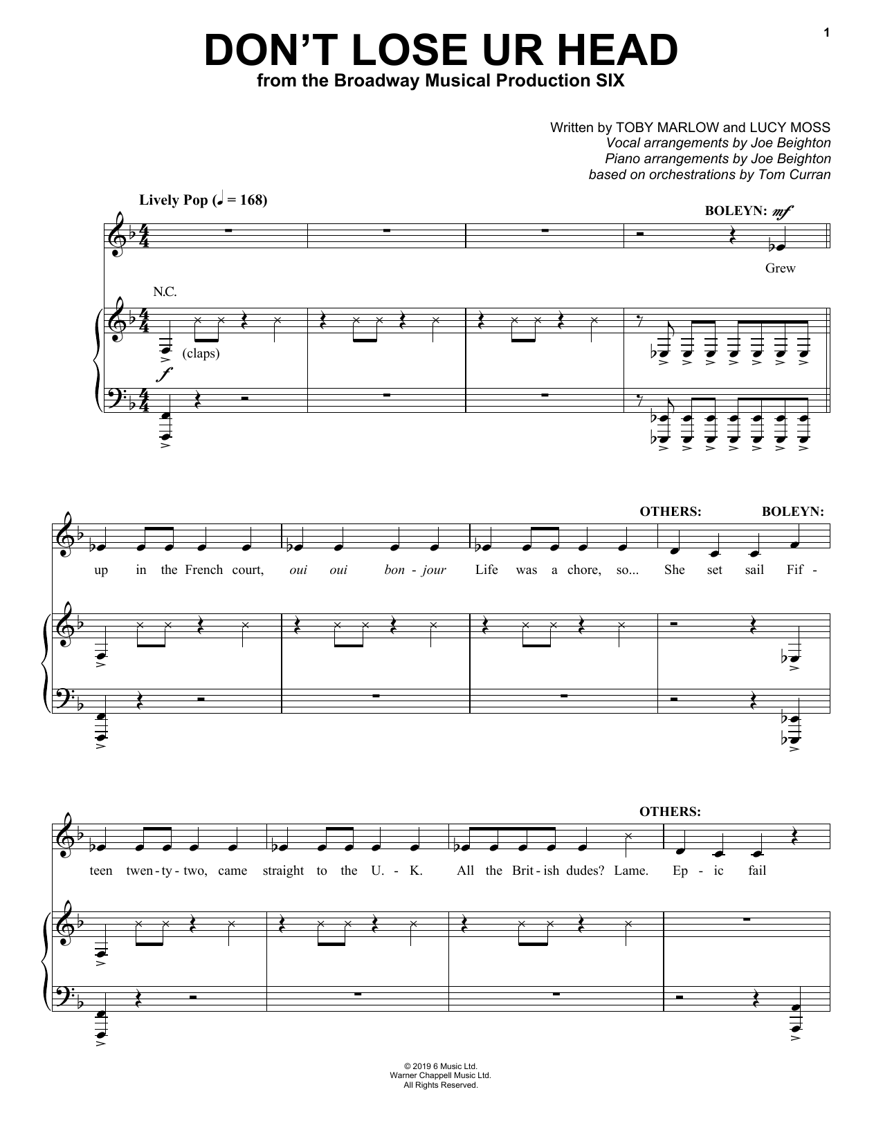 Download Toby Marlow & Lucy Moss Don't Lose Ur Head (from Six: The Musical) Sheet Music and learn how to play Easy Piano PDF digital score in minutes