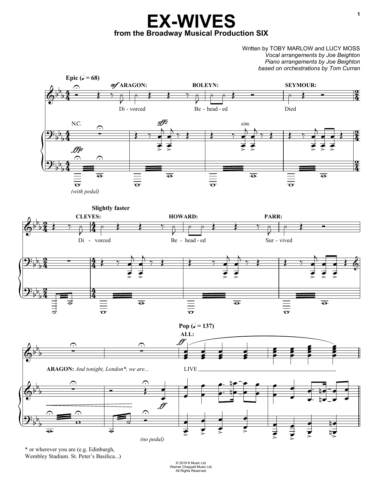 Download Toby Marlow & Lucy Moss Ex-Wives (from Six: The Musical) Sheet Music and learn how to play Easy Piano PDF digital score in minutes