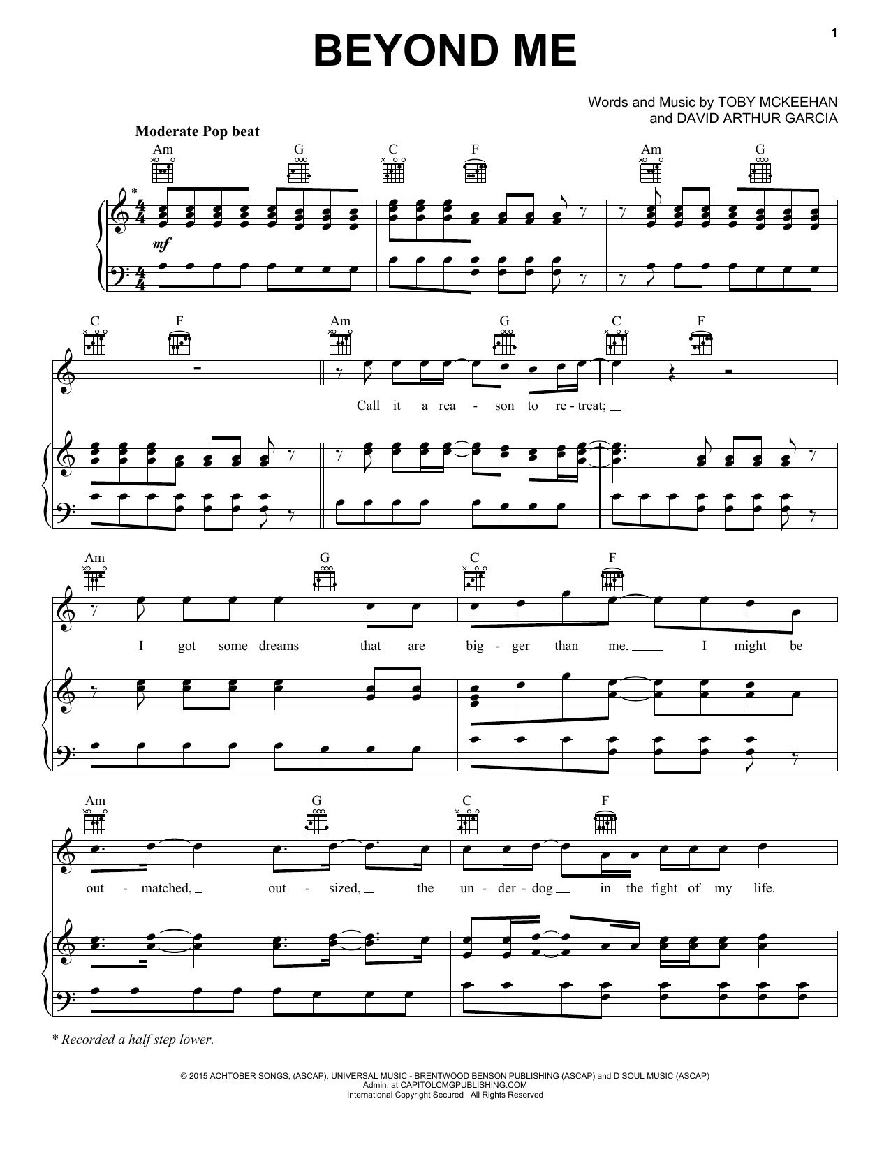 Download TobyMac Beyond Me Sheet Music and learn how to play Piano, Vocal & Guitar (Right-Hand Melody) PDF digital score in minutes