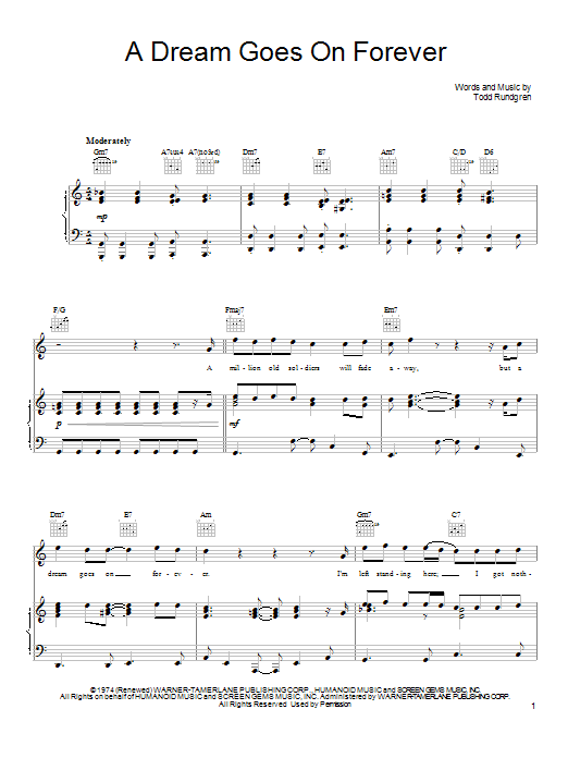 Download Todd Rundgren A Dream Goes On Forever Sheet Music and learn how to play Piano, Vocal & Guitar (Right-Hand Melody) PDF digital score in minutes