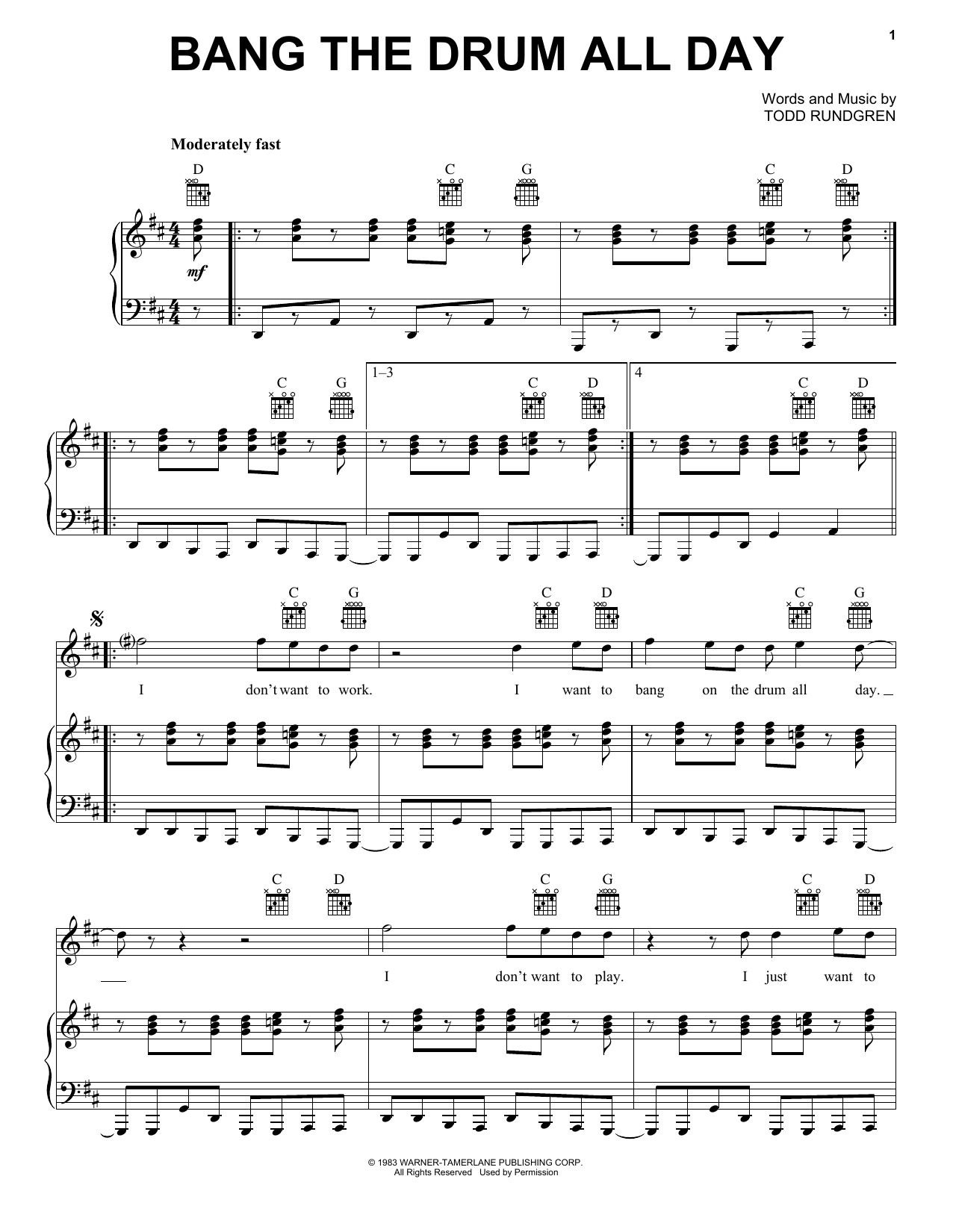 Download Todd Rundgren Bang The Drum All Day Sheet Music and learn how to play Easy Piano PDF digital score in minutes