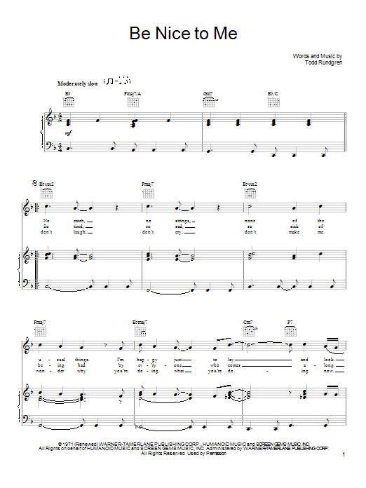 Download Todd Rundgren Be Nice To Me Sheet Music and learn how to play Piano, Vocal & Guitar (Right-Hand Melody) PDF digital score in minutes