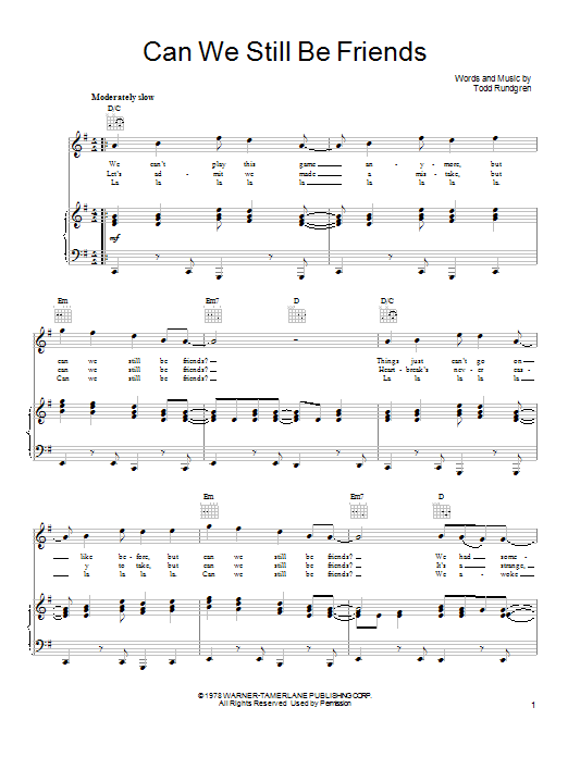 Download Todd Rundgren Can We Still Be Friends Sheet Music and learn how to play Piano, Vocal & Guitar (Right-Hand Melody) PDF digital score in minutes