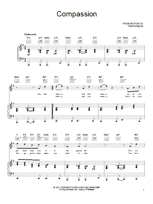 Download Todd Rundgren Compassion Sheet Music and learn how to play Piano, Vocal & Guitar (Right-Hand Melody) PDF digital score in minutes