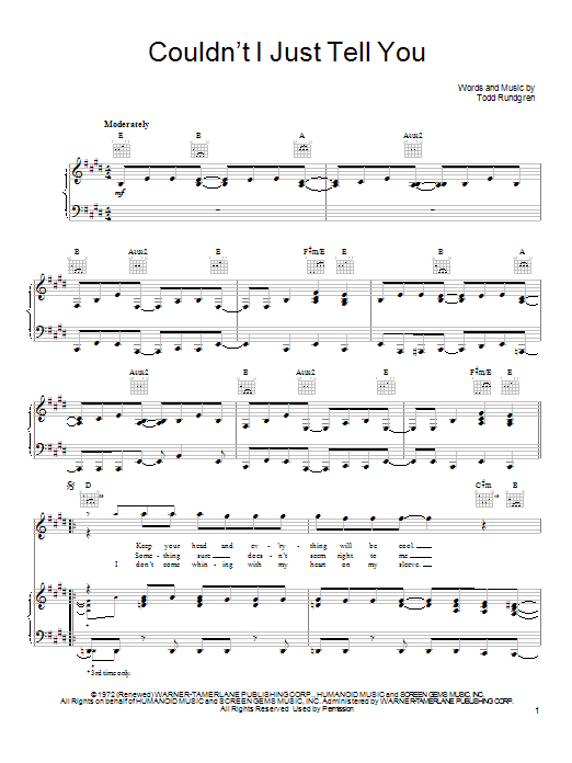 Download Todd Rundgren Couldn't I Just Tell You Sheet Music and learn how to play Piano, Vocal & Guitar (Right-Hand Melody) PDF digital score in minutes