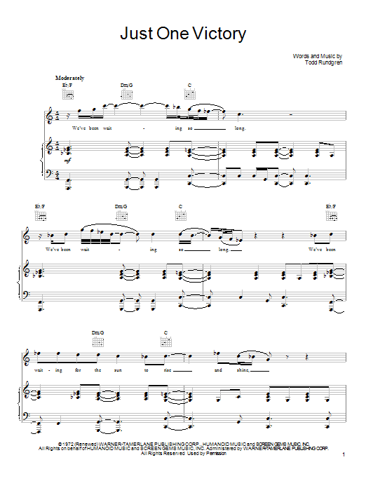 Download Todd Rundgren Just One Victory Sheet Music and learn how to play Piano, Vocal & Guitar (Right-Hand Melody) PDF digital score in minutes