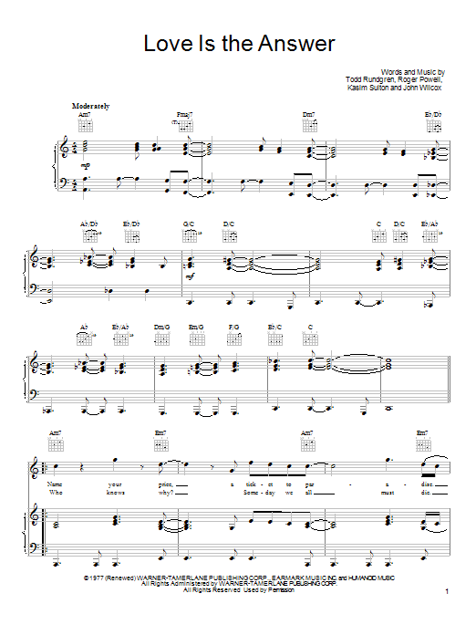 Download Todd Rundgren Love Is The Answer Sheet Music and learn how to play Piano, Vocal & Guitar (Right-Hand Melody) PDF digital score in minutes