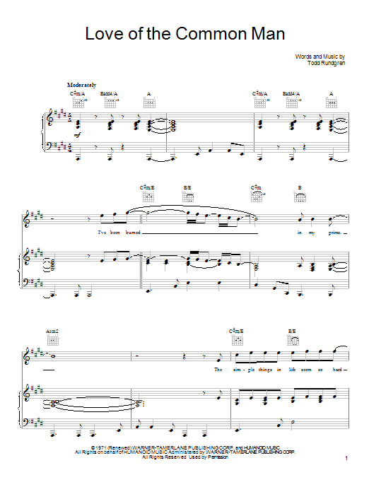 Download Todd Rundgren Love Of The Common Man Sheet Music and learn how to play Piano, Vocal & Guitar (Right-Hand Melody) PDF digital score in minutes