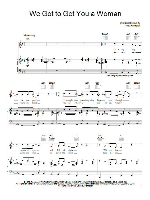 Download Todd Rundgren We Got To Get You A Woman Sheet Music and learn how to play Piano, Vocal & Guitar (Right-Hand Melody) PDF digital score in minutes