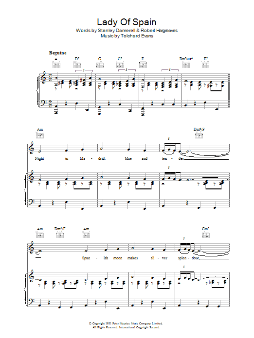 Download Tolchard Evans Lady Of Spain Sheet Music and learn how to play Piano, Vocal & Guitar (Right-Hand Melody) PDF digital score in minutes