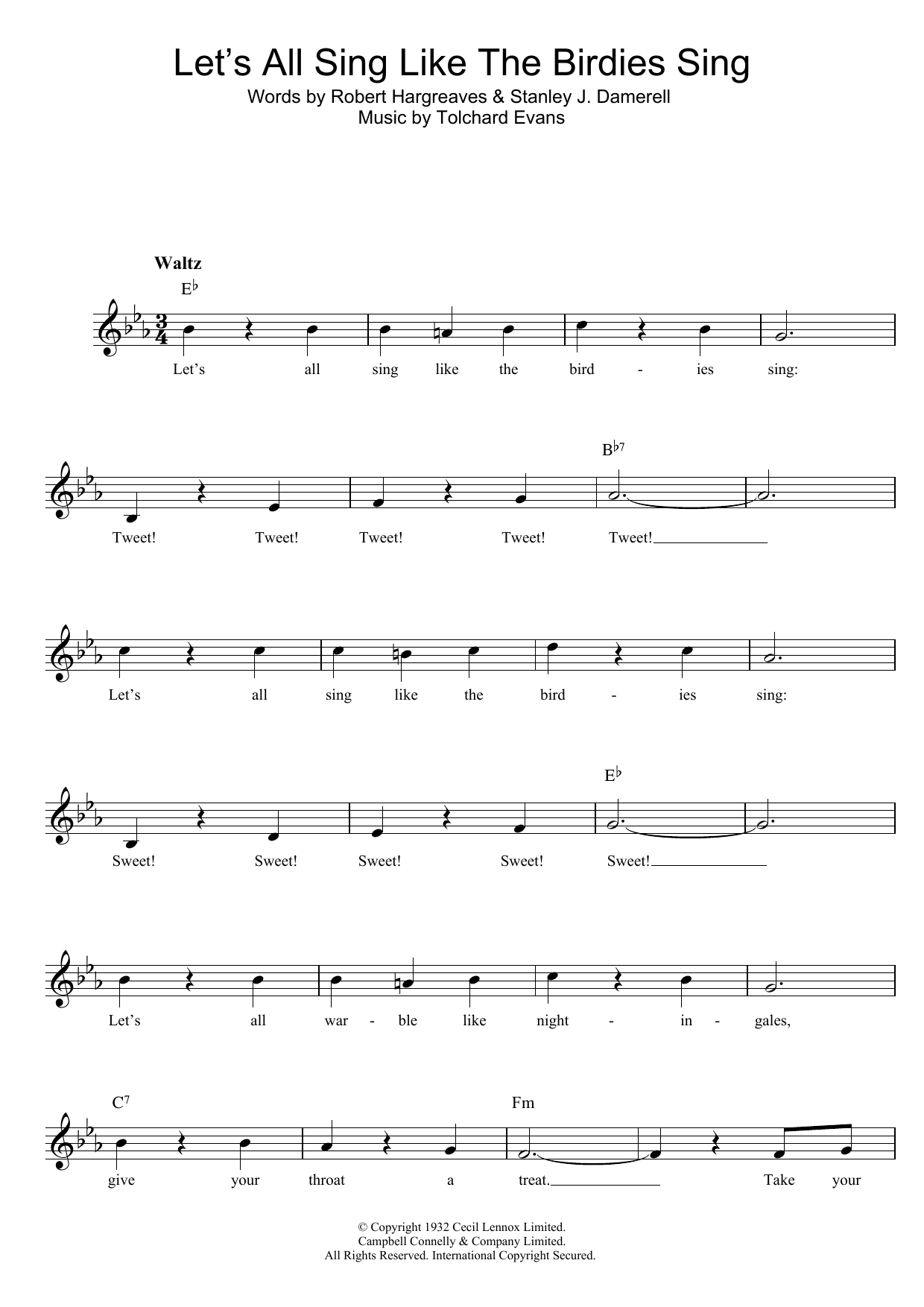 Download Tolchard Evans Let's All Sing Like The Birdies Sing Sheet Music and learn how to play Melody Line, Lyrics & Chords PDF digital score in minutes