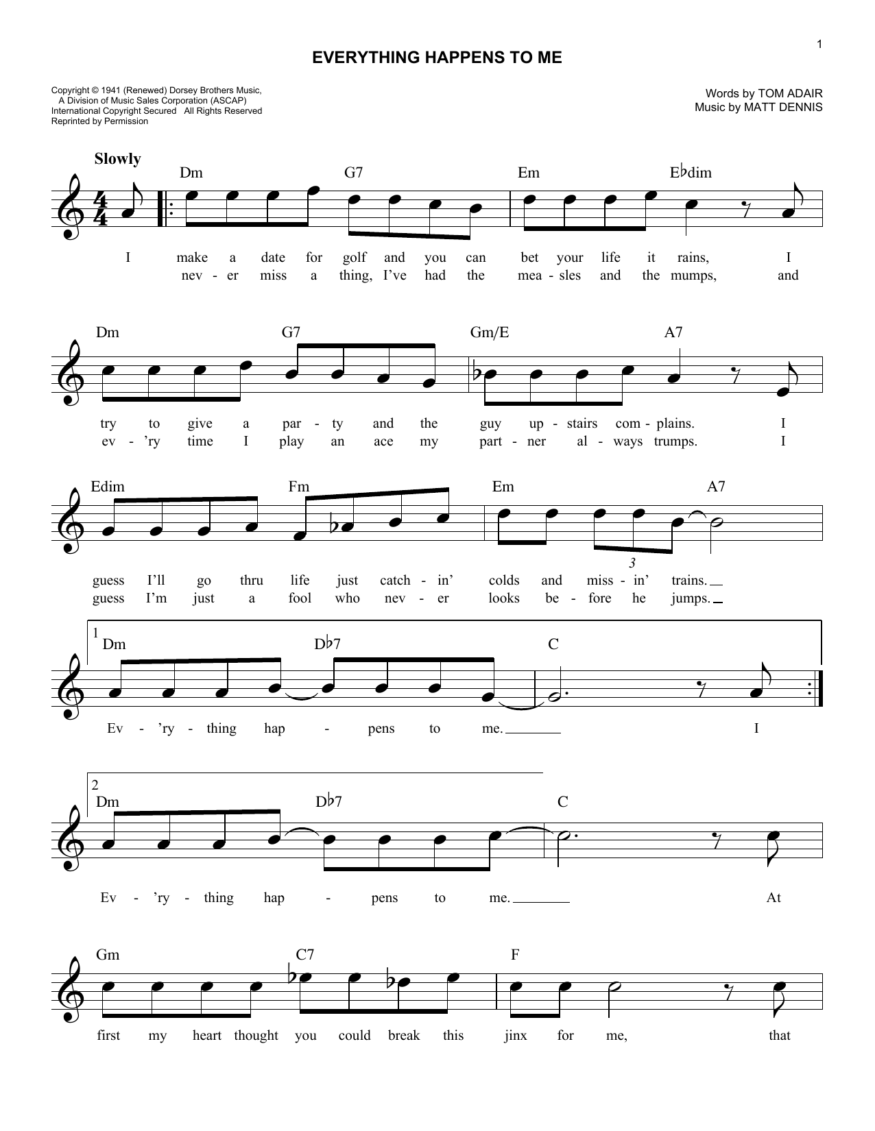 Download Tom Adair Everything Happens To Me Sheet Music and learn how to play Melody Line, Lyrics & Chords PDF digital score in minutes
