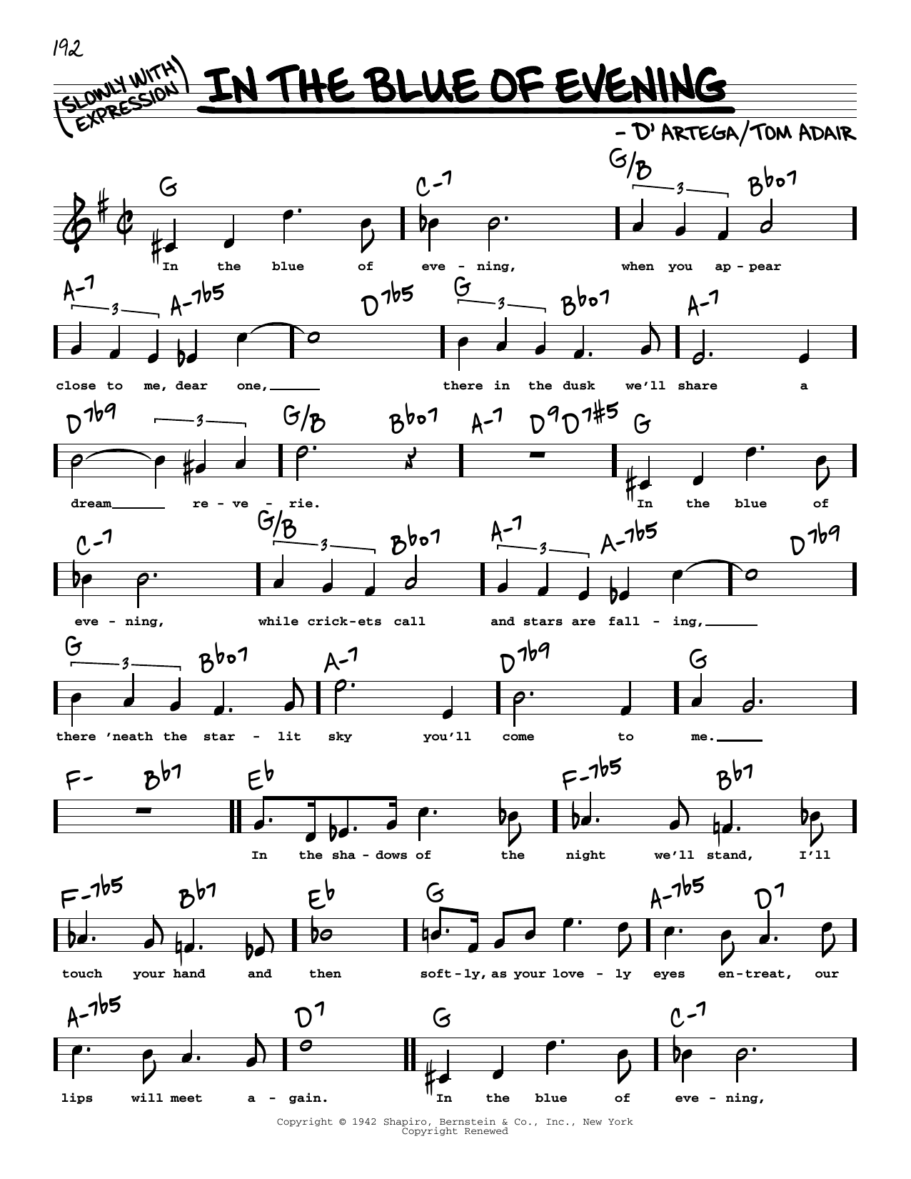 Download Tom Adair In The Blue Of Evening (High Voice) Sheet Music and learn how to play Real Book – Melody, Lyrics & Chords PDF digital score in minutes