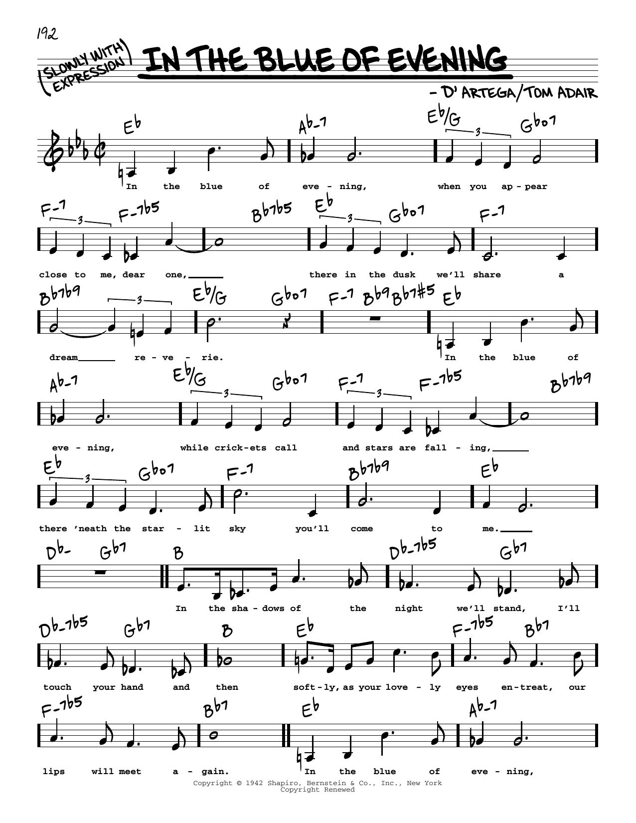 Download Tom Adair In The Blue Of Evening (Low Voice) Sheet Music and learn how to play Real Book – Melody, Lyrics & Chords PDF digital score in minutes