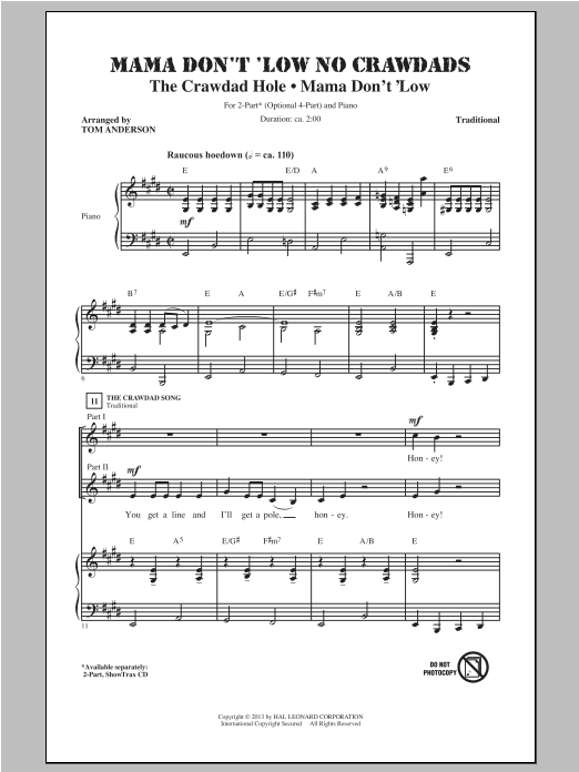 Download Traditional Mama Don't 'Low No Crawdads (arr. Tom Anderson) Sheet Music and learn how to play 2-Part Choir PDF digital score in minutes