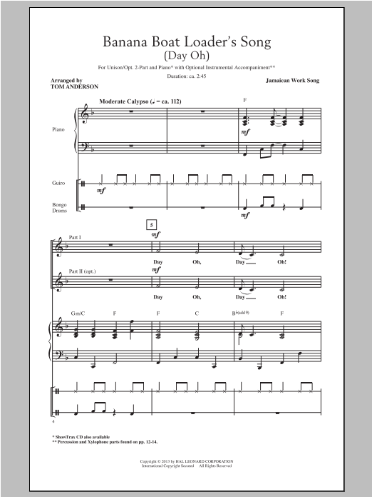 Download Traditional The Banana Boat Loader's Song (arr. Tom Anderson) Sheet Music and learn how to play 2-Part Choir PDF digital score in minutes