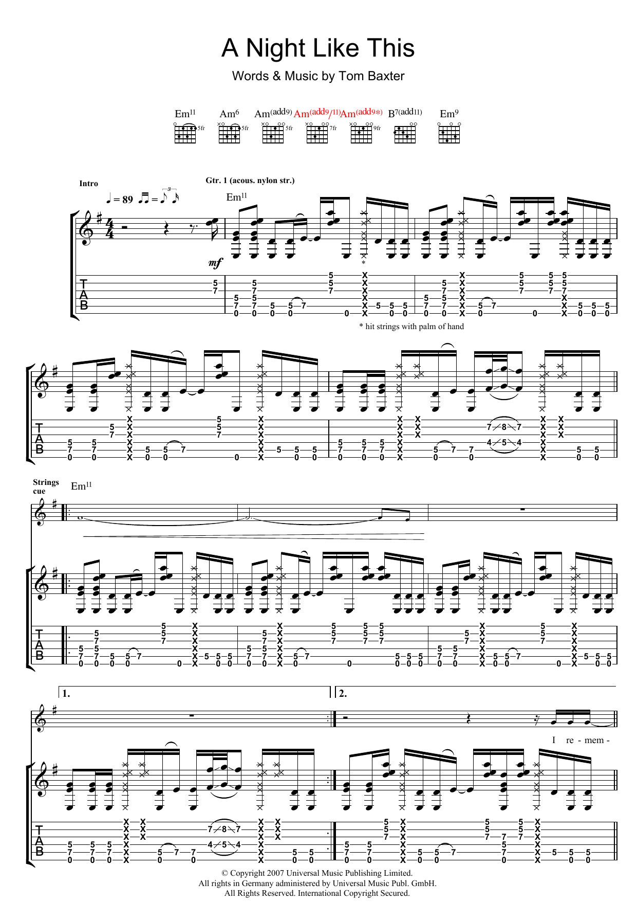 Download Tom Baxter A Night Like This Sheet Music and learn how to play Guitar Tab PDF digital score in minutes