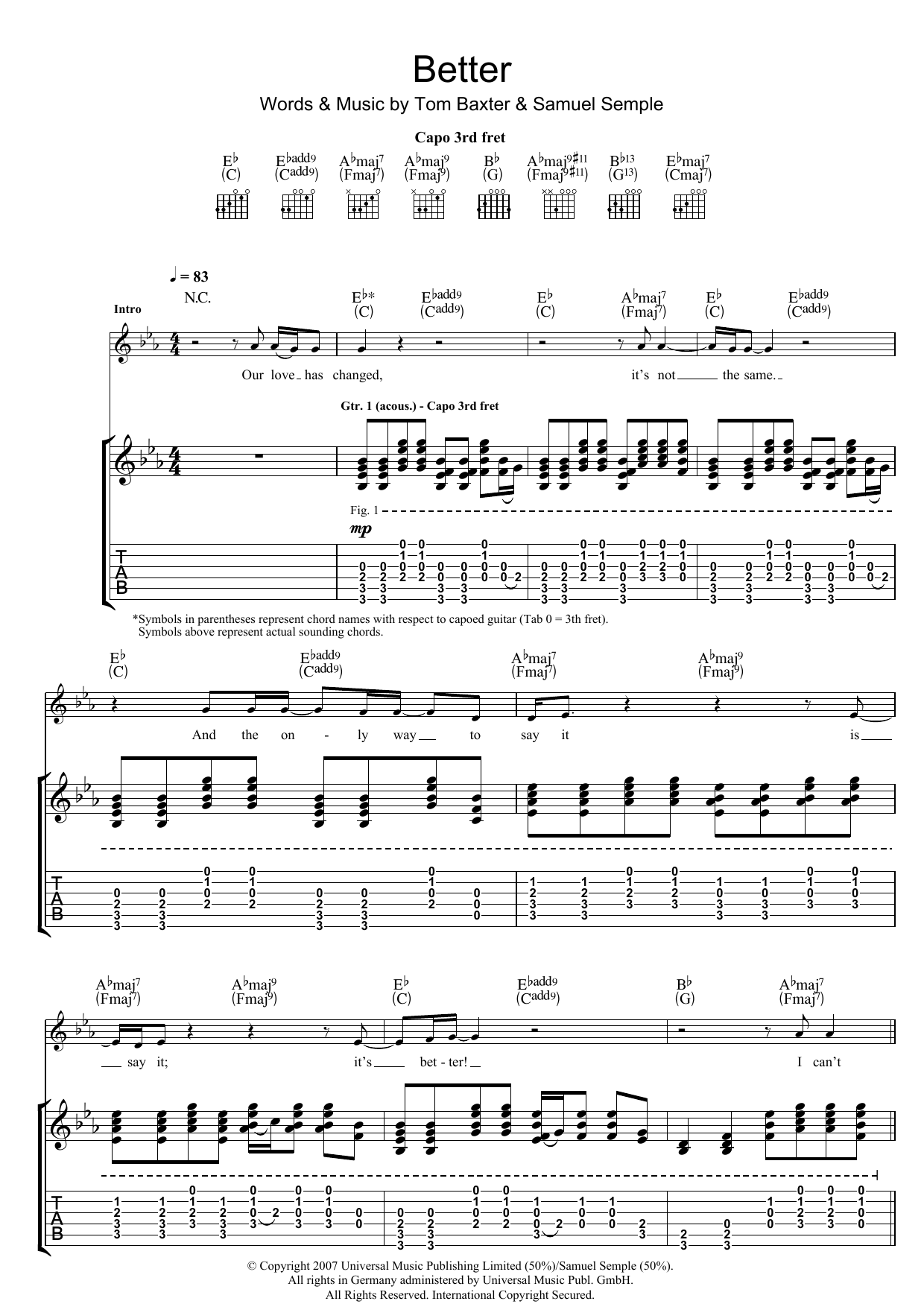 Download Tom Baxter Better Sheet Music and learn how to play Guitar Tab PDF digital score in minutes