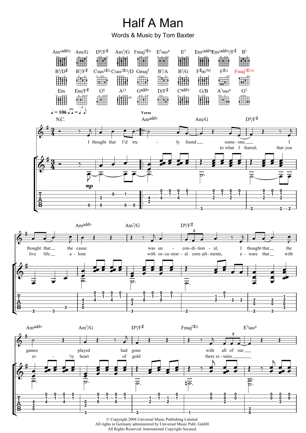 Download Tom Baxter Half A Man Sheet Music and learn how to play Guitar Tab PDF digital score in minutes