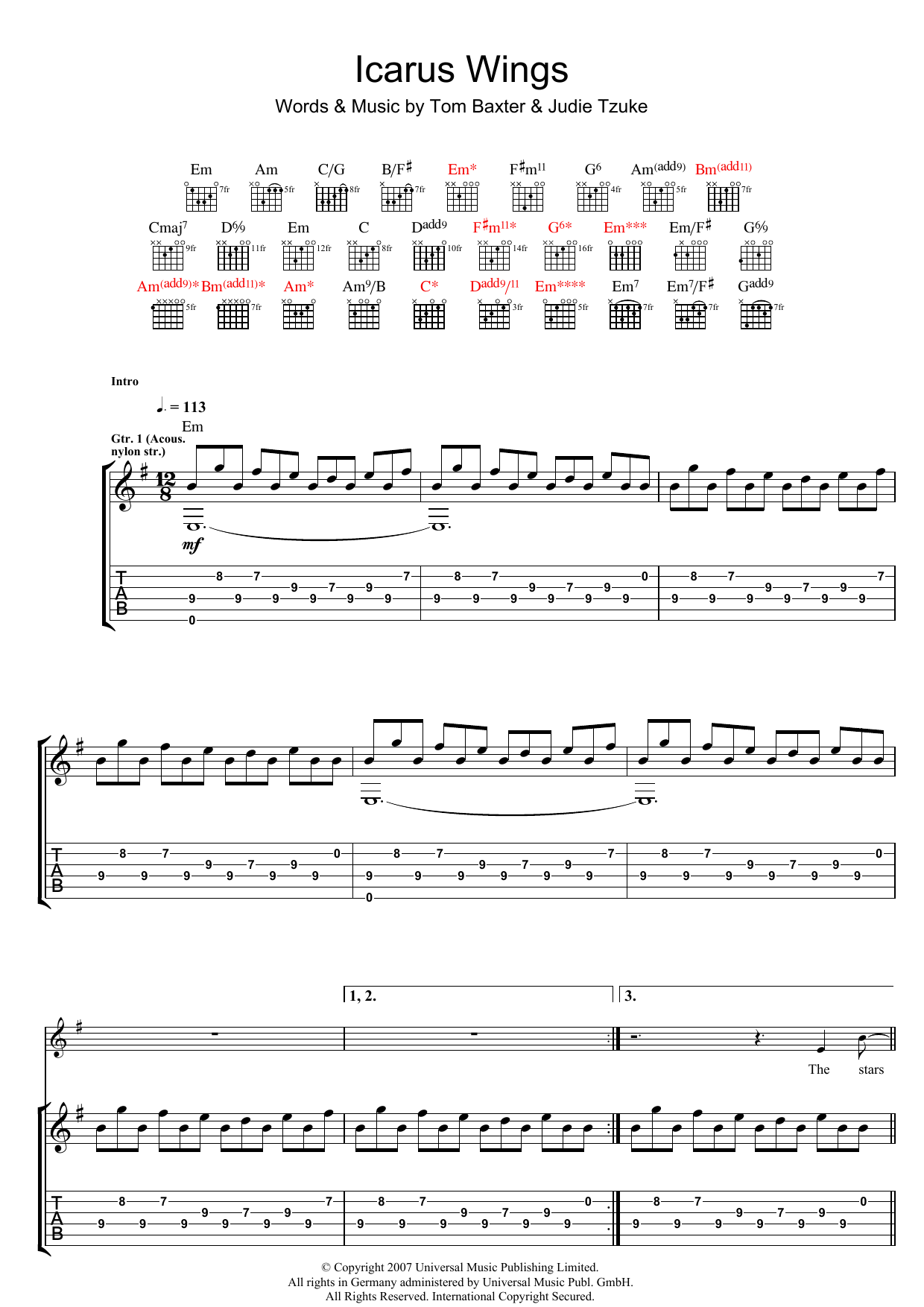 Download Tom Baxter Icarus Wings Sheet Music and learn how to play Guitar Tab PDF digital score in minutes