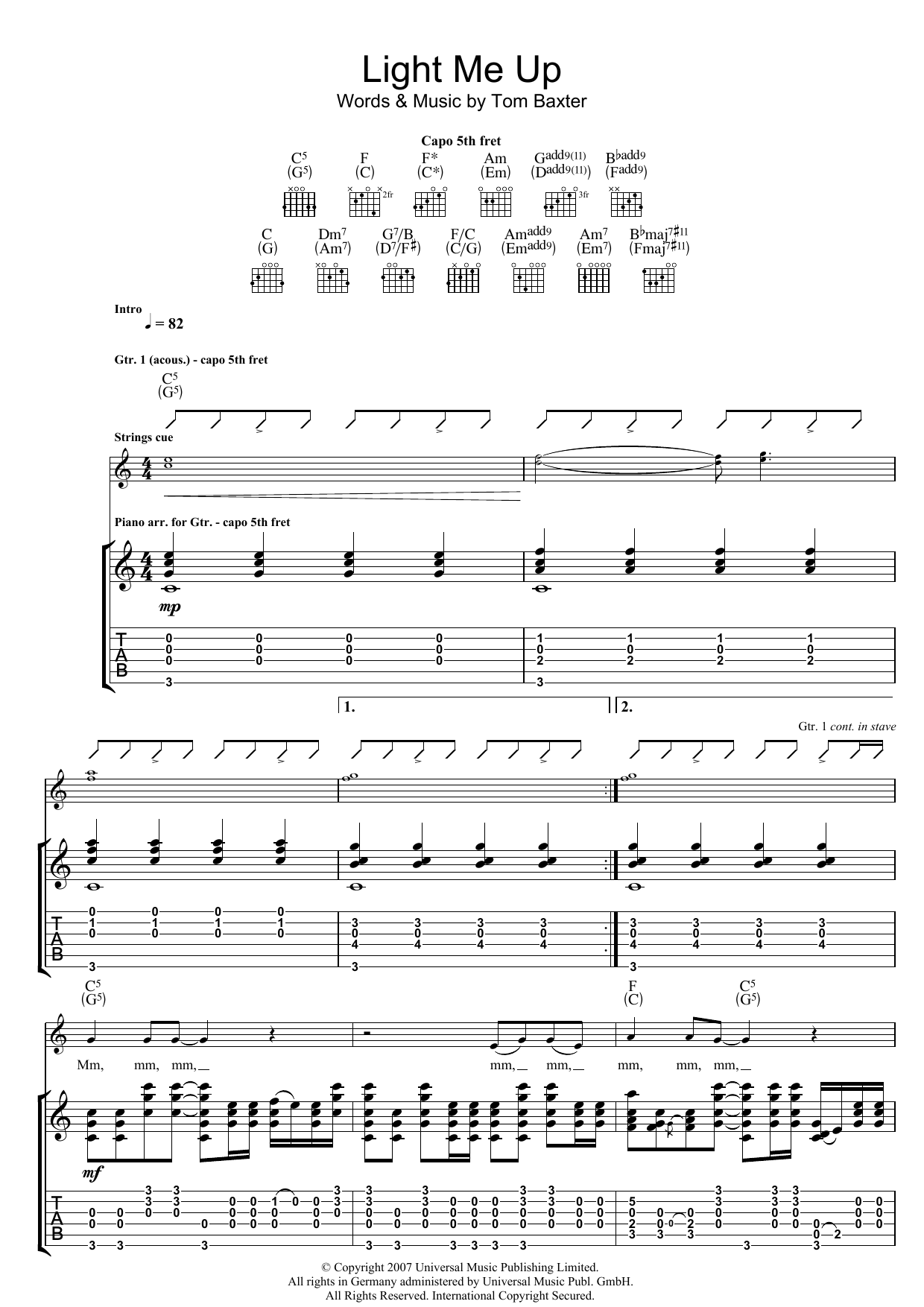 Download Tom Baxter Light Me Up Sheet Music and learn how to play Guitar Tab PDF digital score in minutes