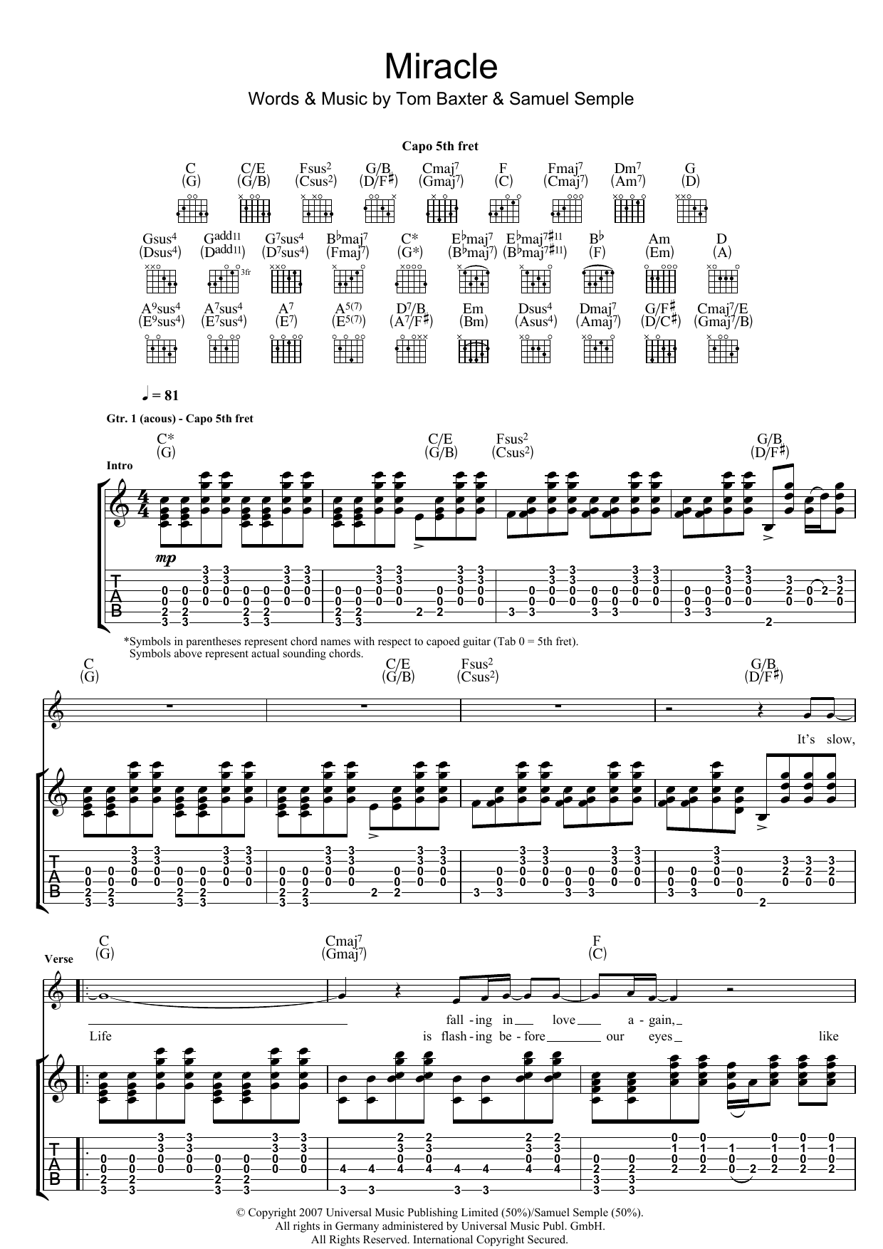 Download Tom Baxter Miracle Sheet Music and learn how to play Guitar Tab PDF digital score in minutes