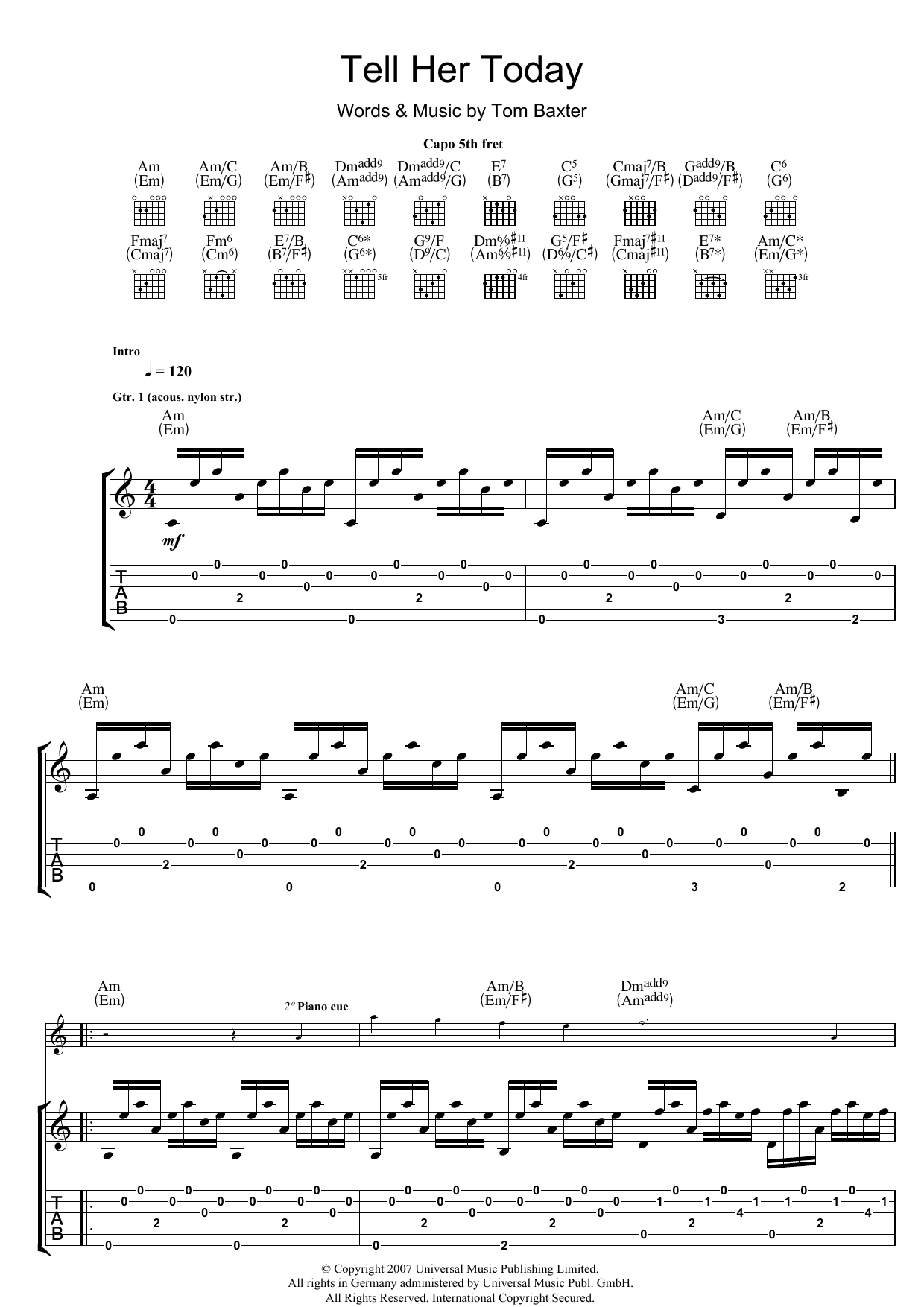 Download Tom Baxter Tell Her Today Sheet Music and learn how to play Guitar Tab PDF digital score in minutes