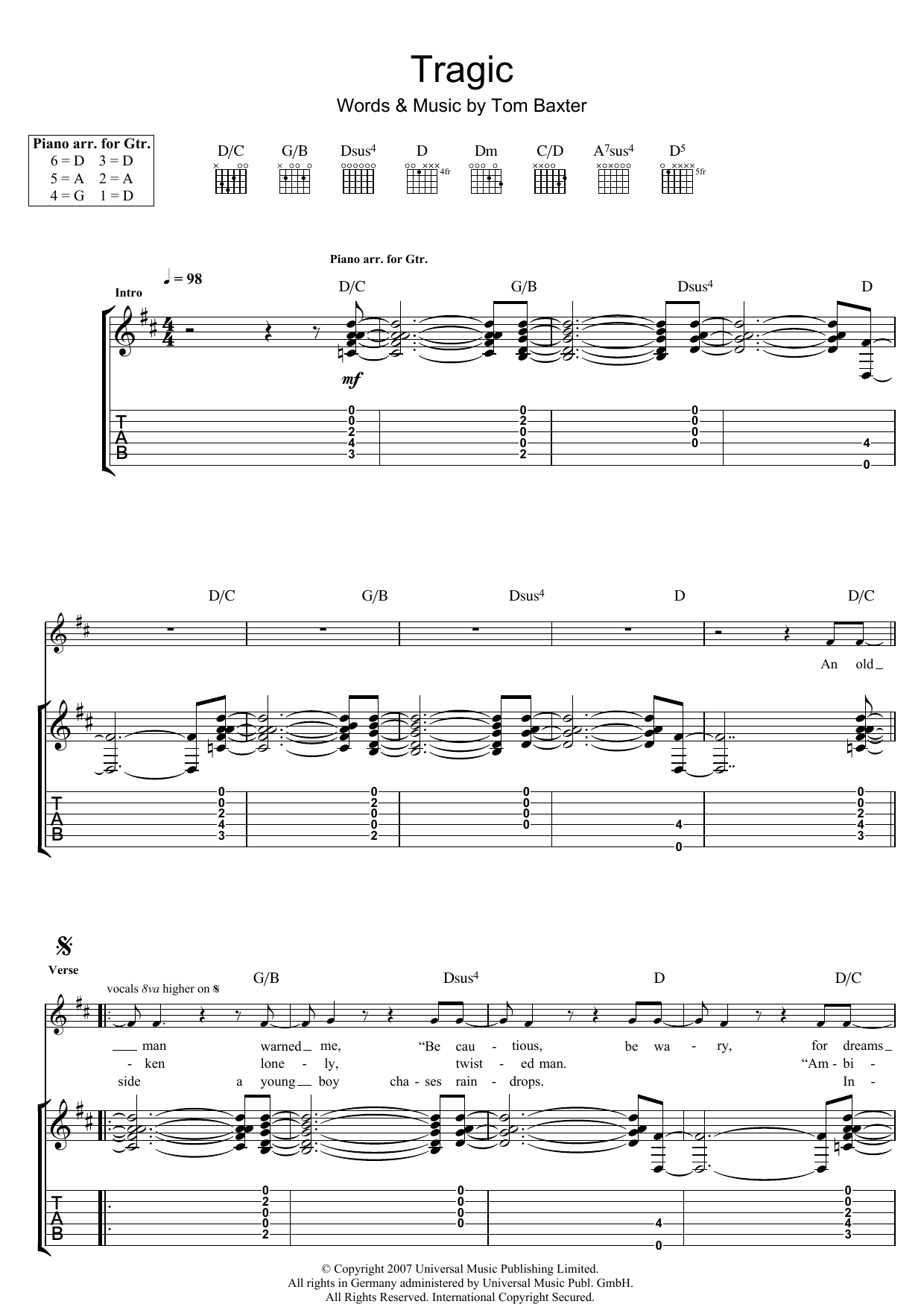 Download Tom Baxter Tragic Sheet Music and learn how to play Guitar Tab PDF digital score in minutes