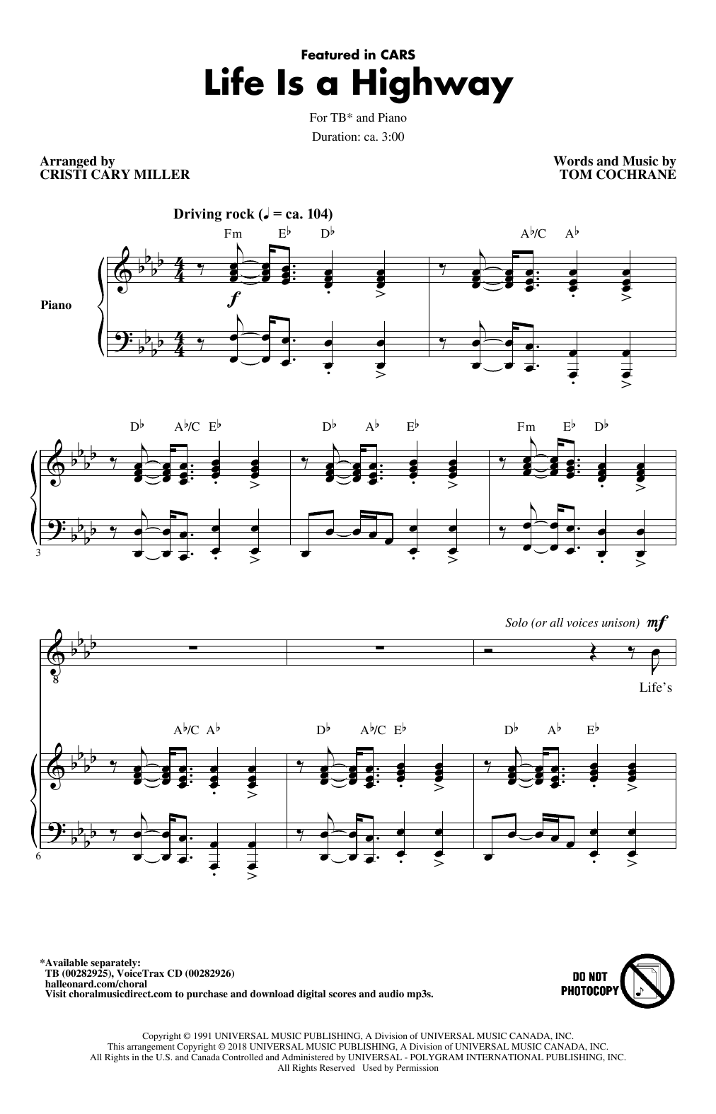 Download Tom Cochrane Life Is A Highway (arr. Cristy Cari Miller) Sheet Music and learn how to play TB Choir PDF digital score in minutes