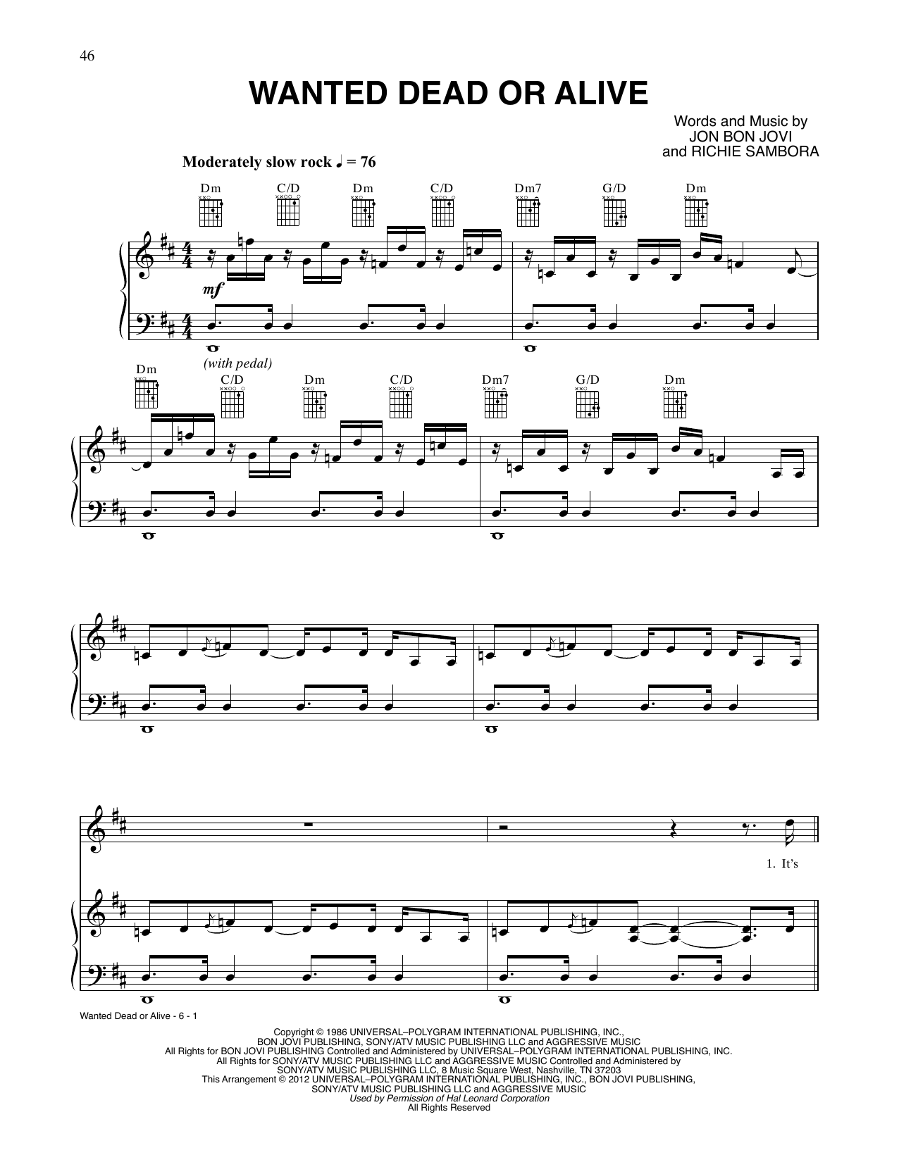 Download Tom Cruise and Julianne Hough Wanted Dead Or Alive (from Rock Of Ages) Sheet Music and learn how to play Piano, Vocal & Guitar Chords (Right-Hand Melody) PDF digital score in minutes